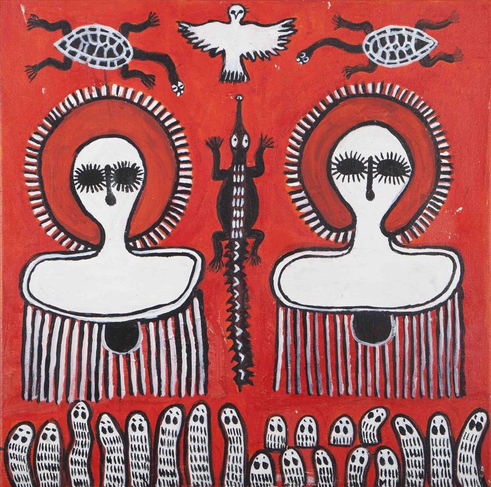 Wandjina, Crocodile (coi coi), Longneck Turtle (woolamarra), Fish (jaiya), Snake (ungud) & Dumbi (owl).